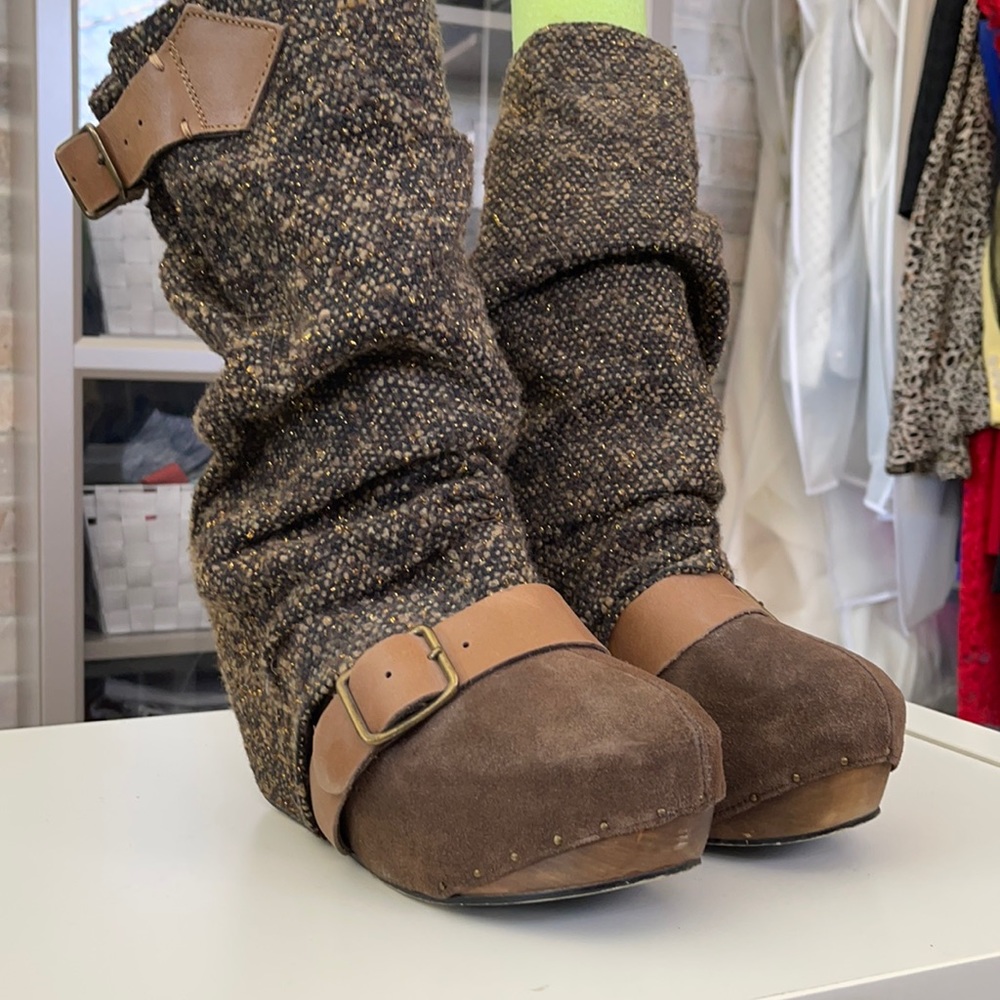Irregular choice brown tweed wedge boots